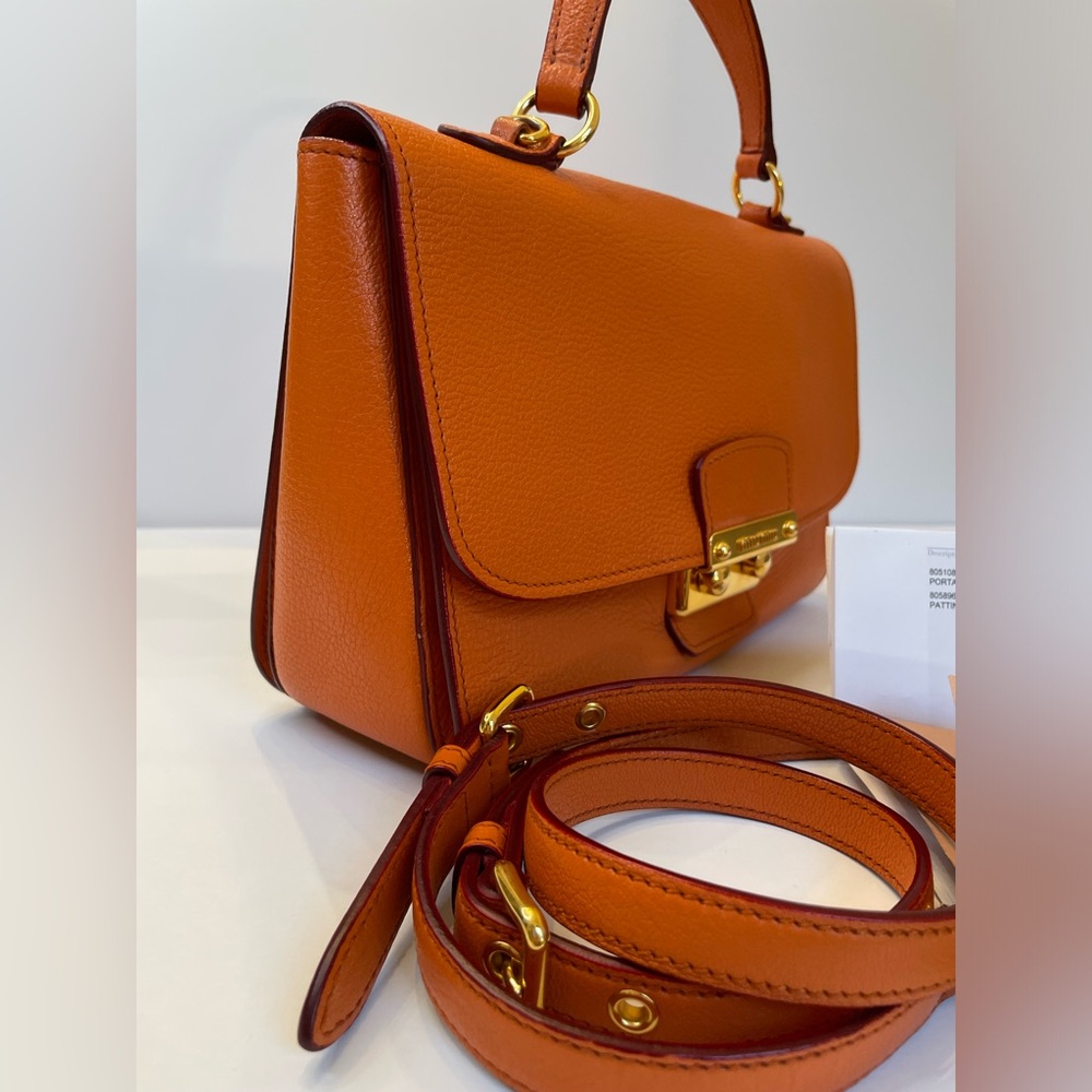 Authentic Miu Miu Madras Satchel in Papaya. Excellent Condition